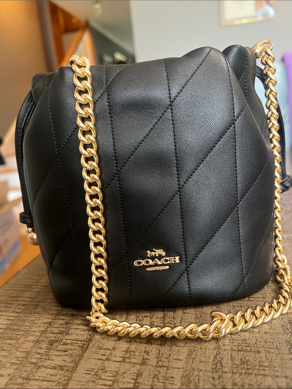 Coach Black Quilted Leather Mini Drawstring Bag with Gold Logo